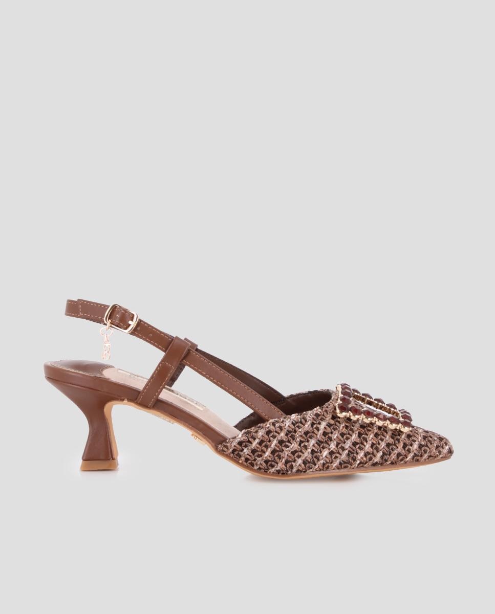 Imagem 0 de Sapatos de Salto com Calcanhar Aberto e Detalhe em Pedraria