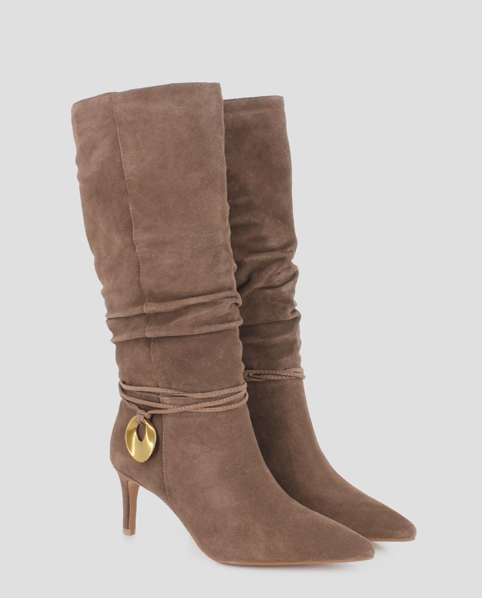 Botas Altas Kassia de Pele com Tacão Areia-2