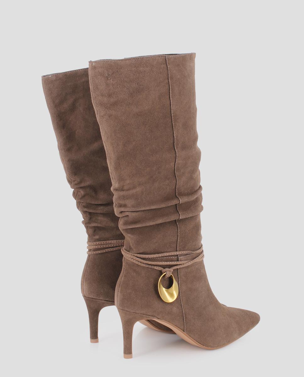 Botas Altas Kassia de Pele com Tacão Areia-3
