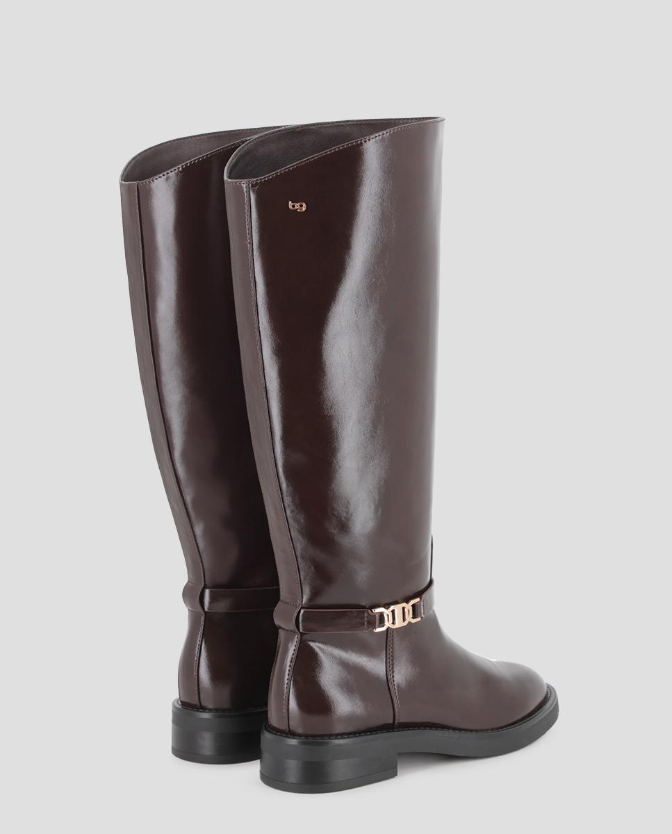 Botas Altas em Polipiel com Detalhe Metálico Arya Castanho-3