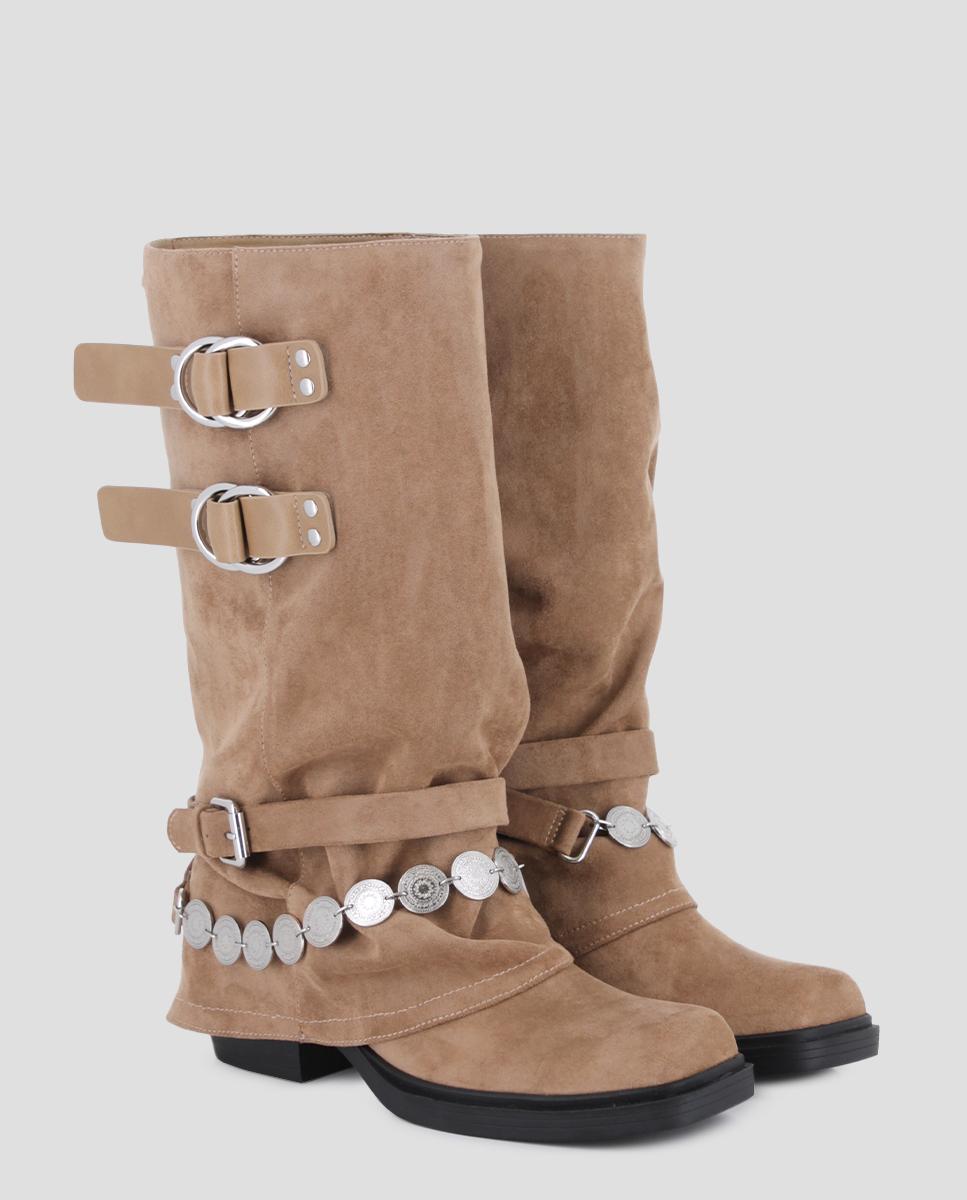 Botas Selene de Cano Médio e Fivelas Duplas Castanho-claro-2