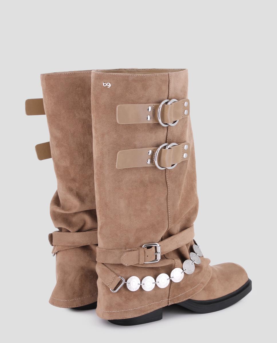 Botas Selene de Cano Médio e Fivelas Duplas Castanho-claro-3