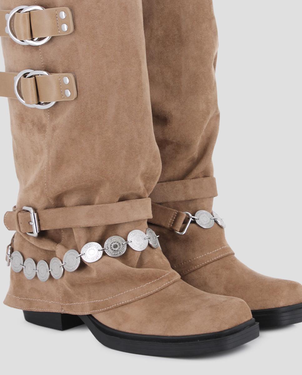 Botas Selene de Cano Médio e Fivelas Duplas Castanho-claro-4