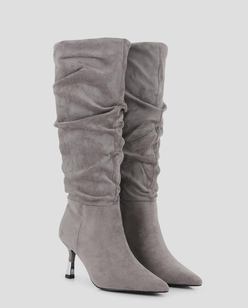 Botas Clássicas em Azul 02 de Cano Alto Franzido com Salto Cinzento-2