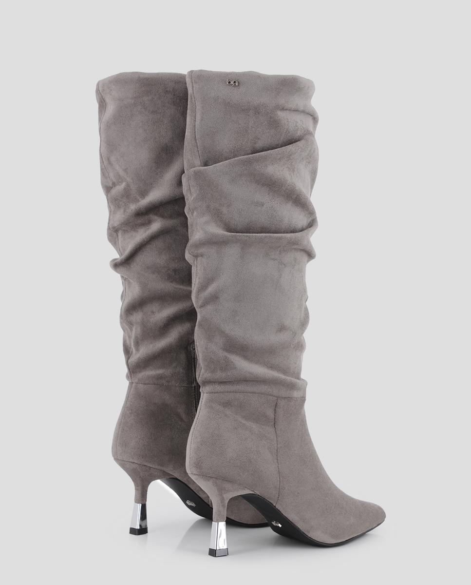 Botas Clássicas em Azul 02 de Cano Alto Franzido com Salto Cinzento-3