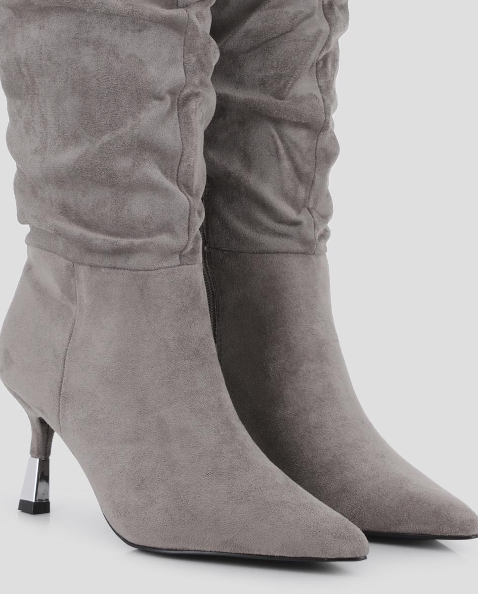 Botas Clássicas em Azul 02 de Cano Alto Franzido com Salto Cinzento-4