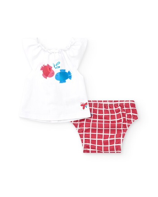 Imagem 0 de Conjunto para Bebé com Blusa Branca de Peixes e Cueca Vermelha aos Quadrados