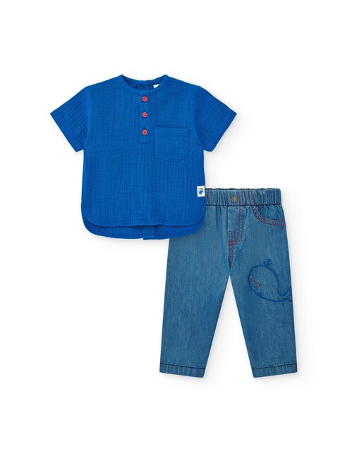 Imagem 0 de Conjunto para Bebé com Camisa Azul de Manga Curta e Jeans com Bordado de Baleia