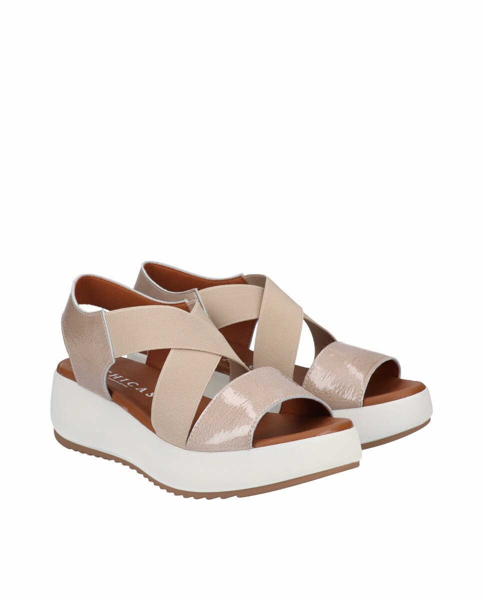 Sandálias de Plataforma em Pele com Elásticos Largos Taupe-2