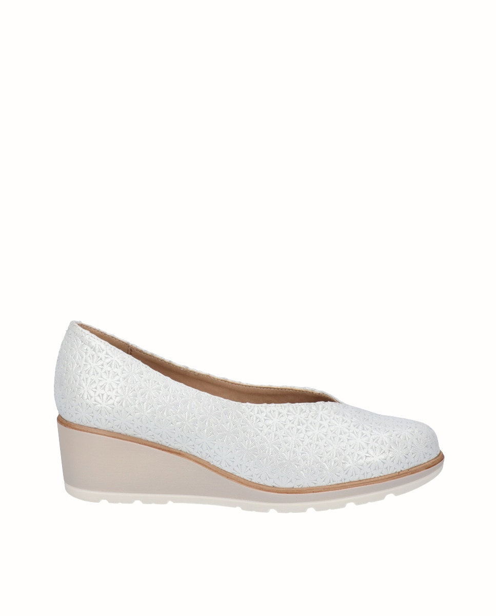 Sapatos de Cunha em Pele Flores Branco-1