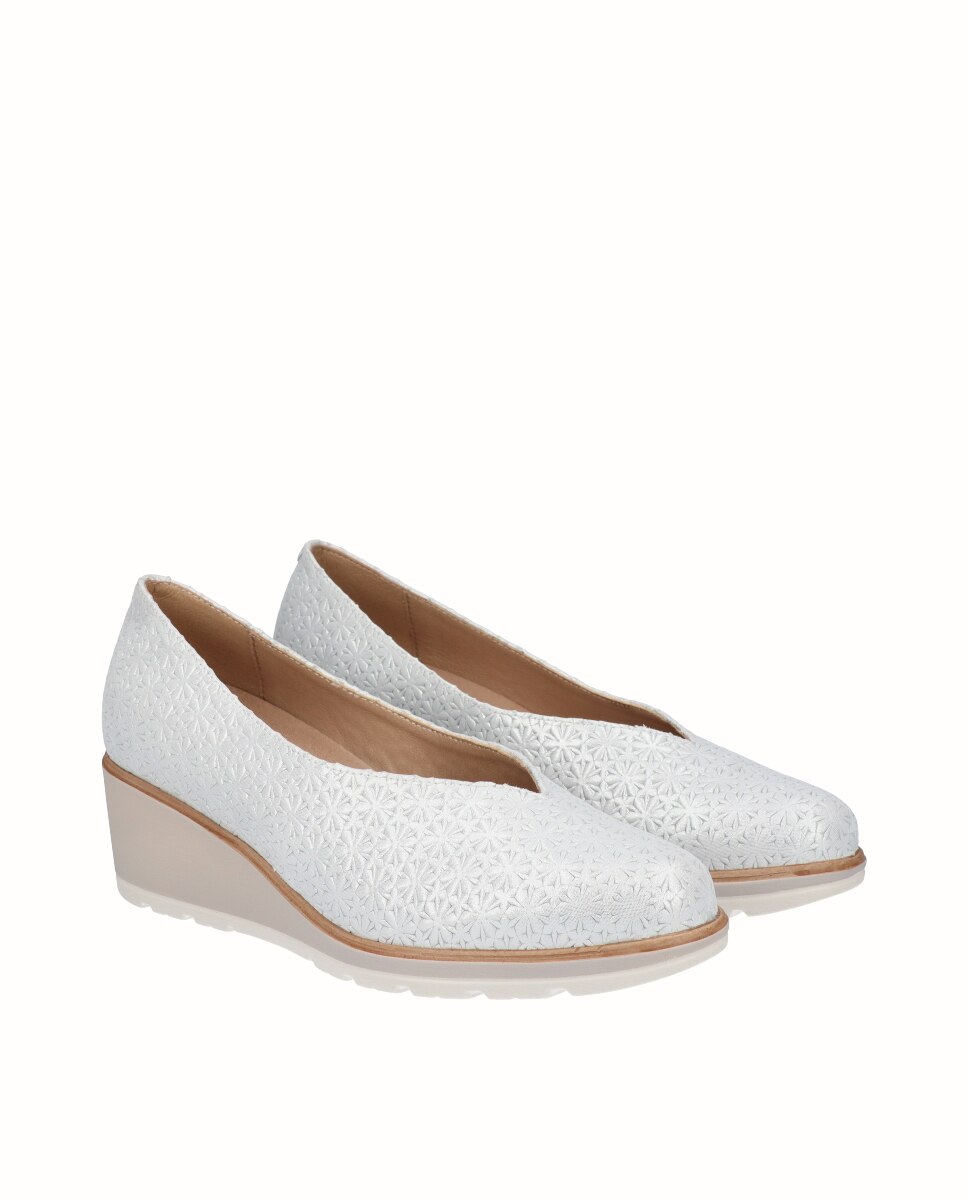 Sapatos de Cunha em Pele Flores Branco-2