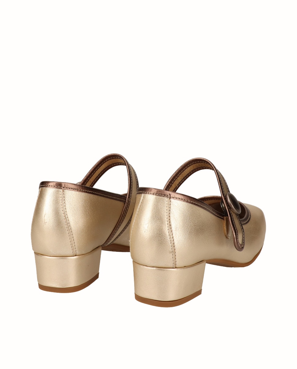 Sapatos de Presilha com Salto em Pele Lisa Ouro-3