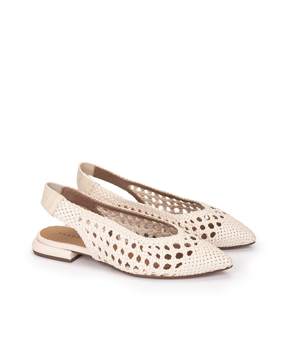 Sapatos Rasos com o Calcanhar Aberto de Pele Entrançada em Branco Branco-marfim-2