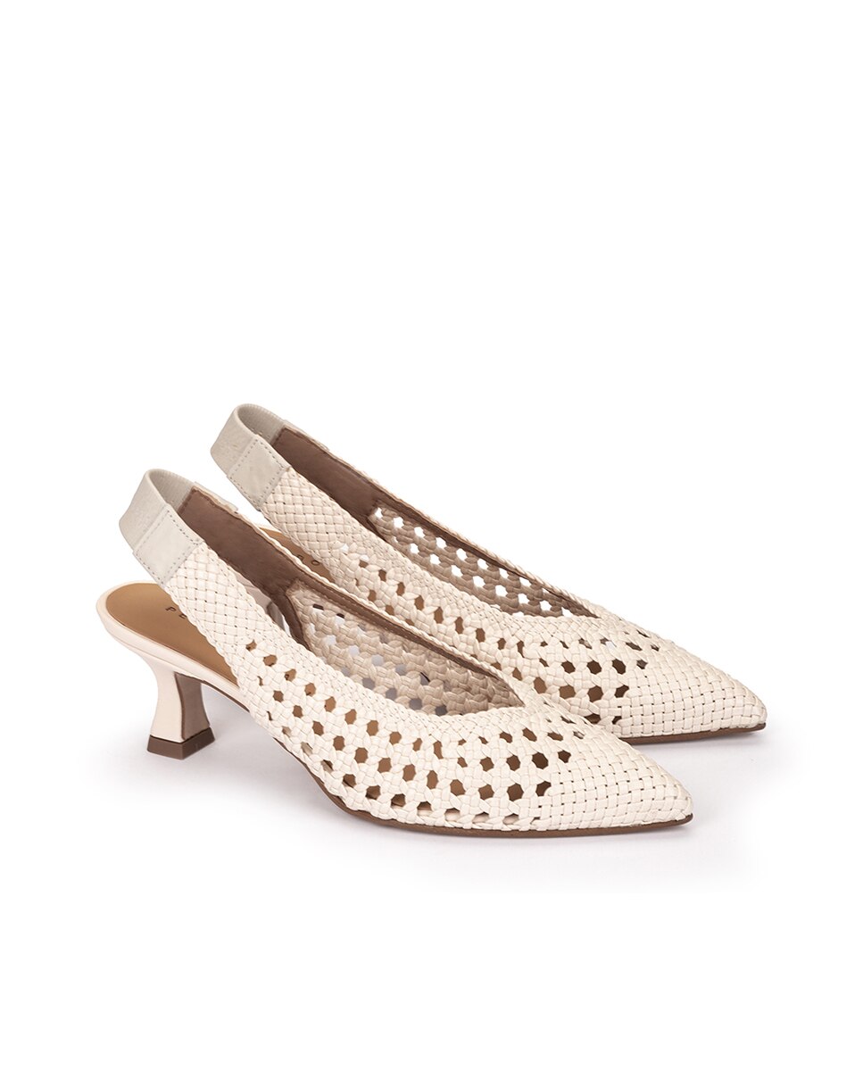 Sapatos de Salto com o Calcanhar Aberto de Pele Entrançada em Branco Branco-2