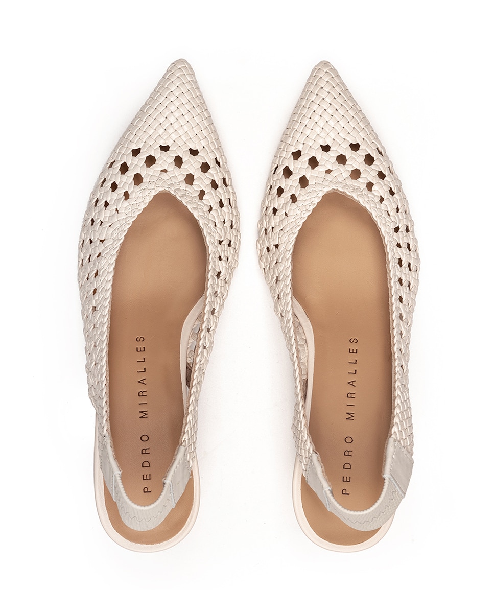 Sapatos de Salto com o Calcanhar Aberto de Pele Entrançada em Branco Branco-3