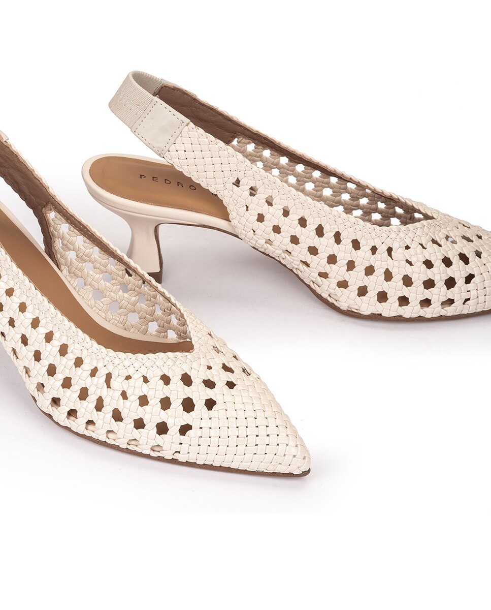 Sapatos de Salto com o Calcanhar Aberto de Pele Entrançada em Branco Branco-4