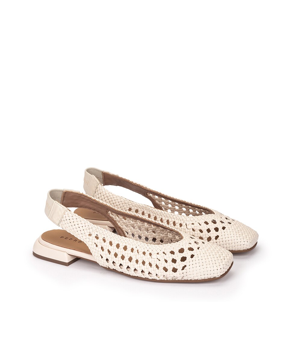 Sapatos Rasos de Pele Entrançada com o Calcanhar Aberto Branco-2