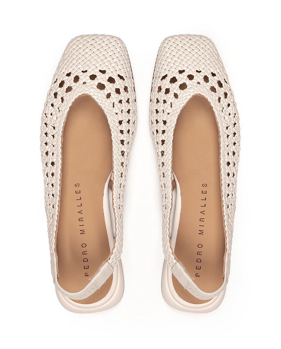 Sapatos Rasos de Pele Entrançada com o Calcanhar Aberto Branco-3