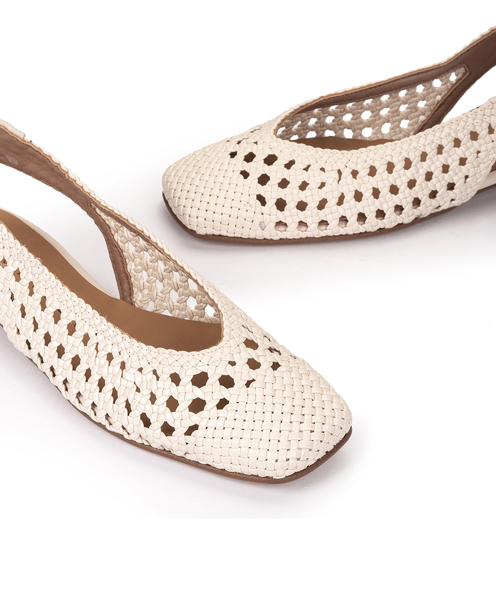 Sapatos Rasos de Pele Entrançada com o Calcanhar Aberto Branco-4
