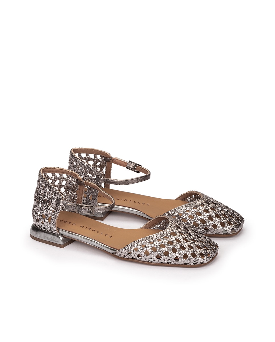 Sapatos Rasos de Pele Entrançada Metalizada Aço brilho-2