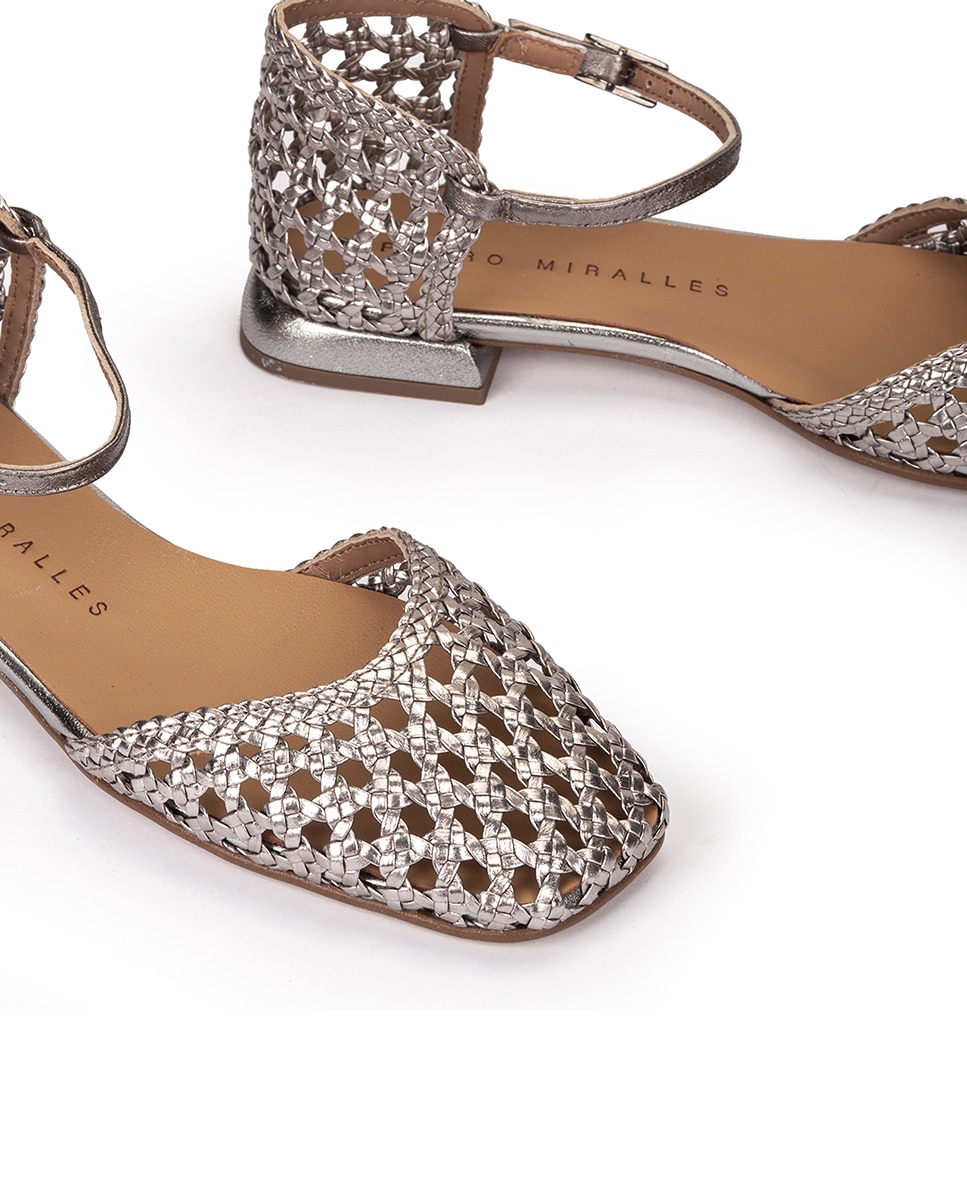 Sapatos Rasos de Pele Entrançada Metalizada Aço brilho-4