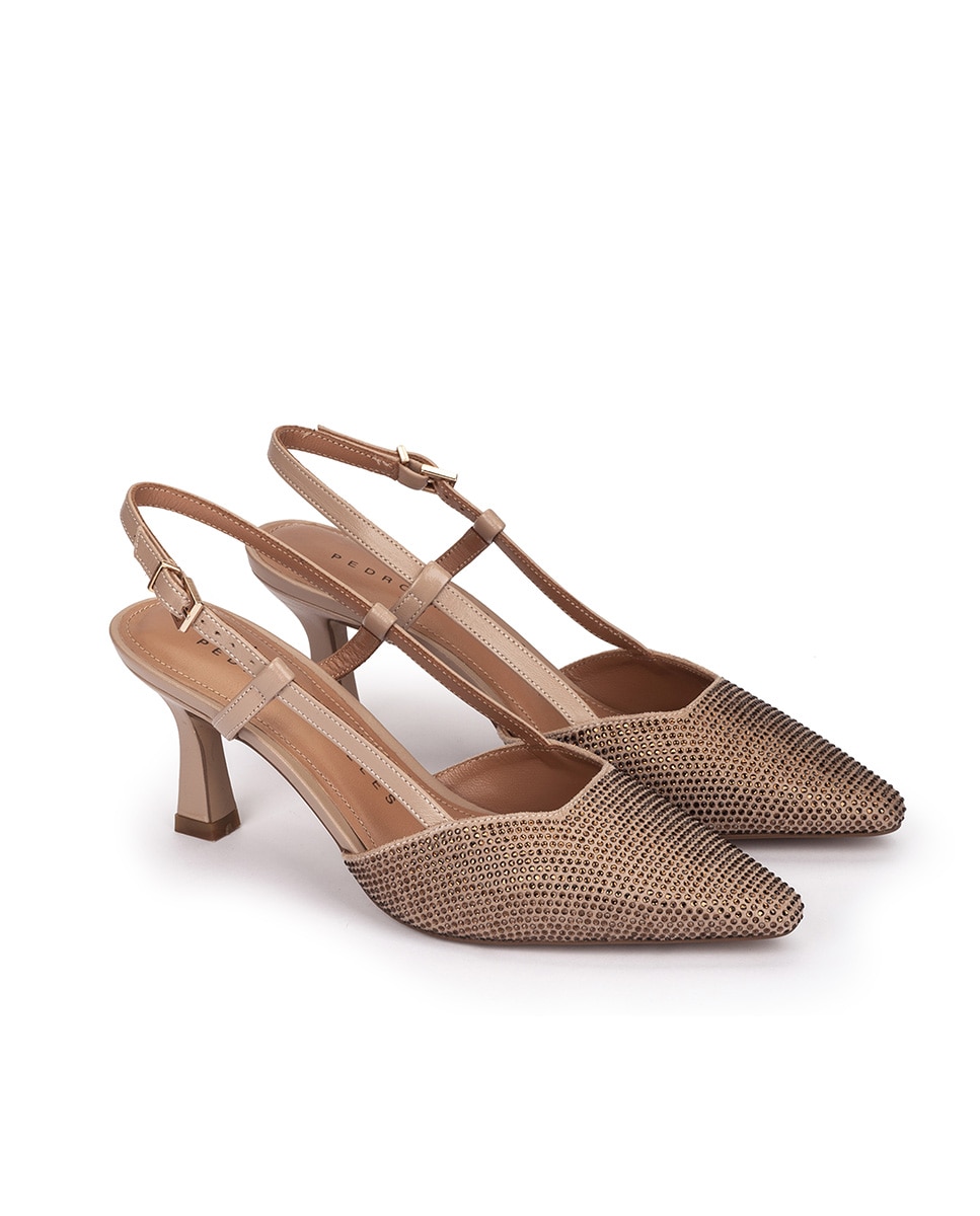 Sapatos de Salto com o Calcanhar Aberto Brilhantes e Fivela Bege-2