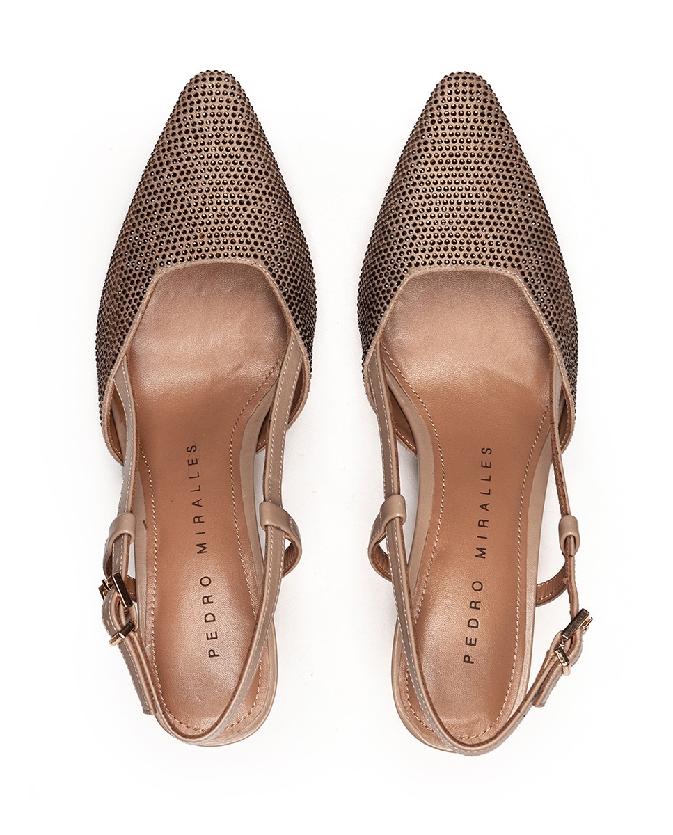 Sapatos de Salto com o Calcanhar Aberto Brilhantes e Fivela Bege-3
