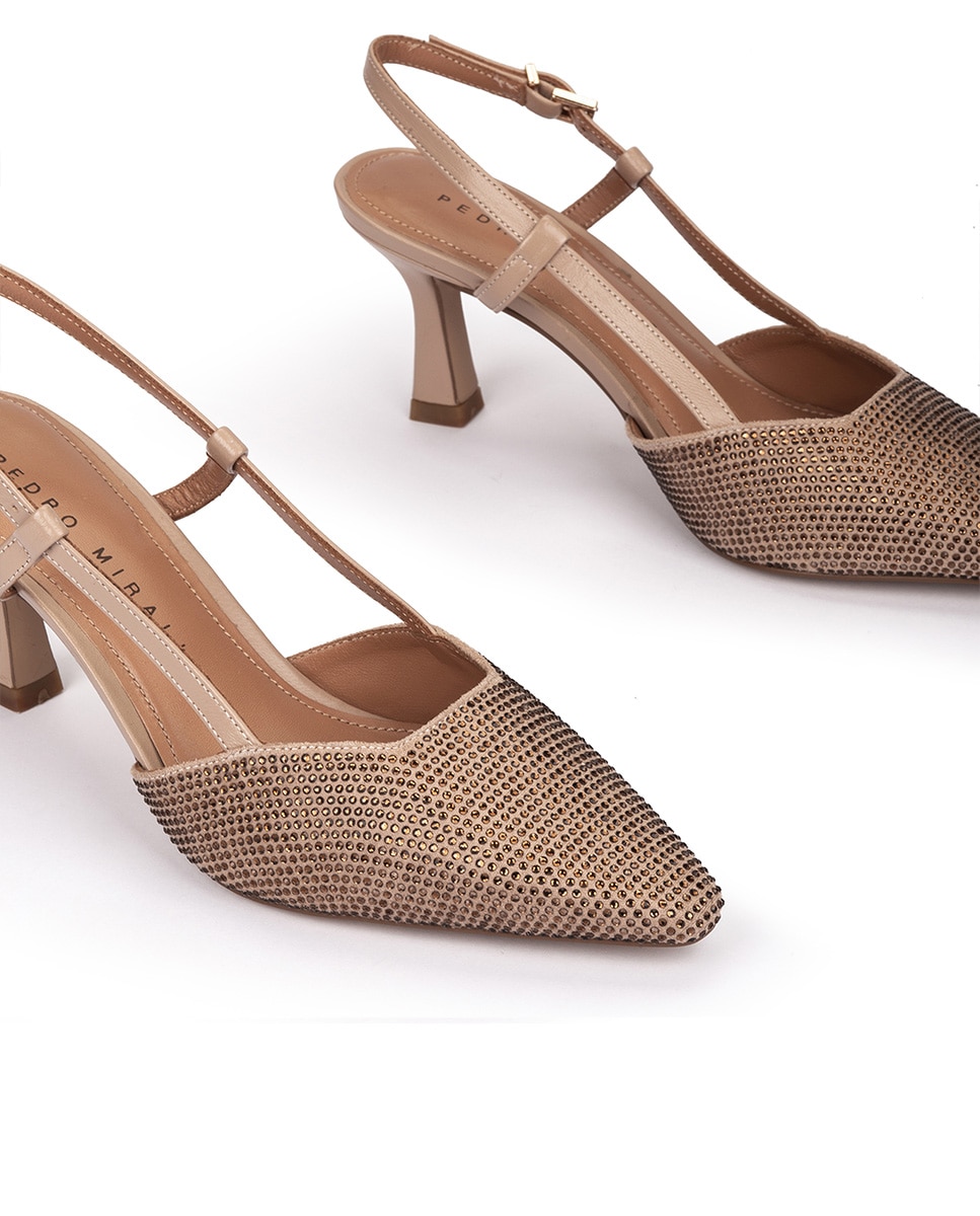 Sapatos de Salto com o Calcanhar Aberto Brilhantes e Fivela Bege-4
