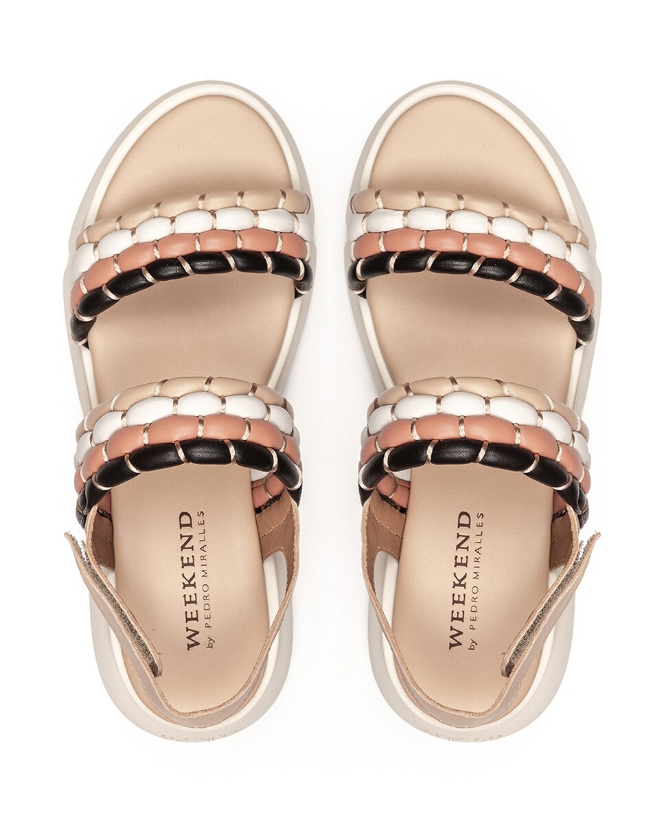 Sandálias de Plataforma em Pele com Tiras Acolchoadas Bege-3
