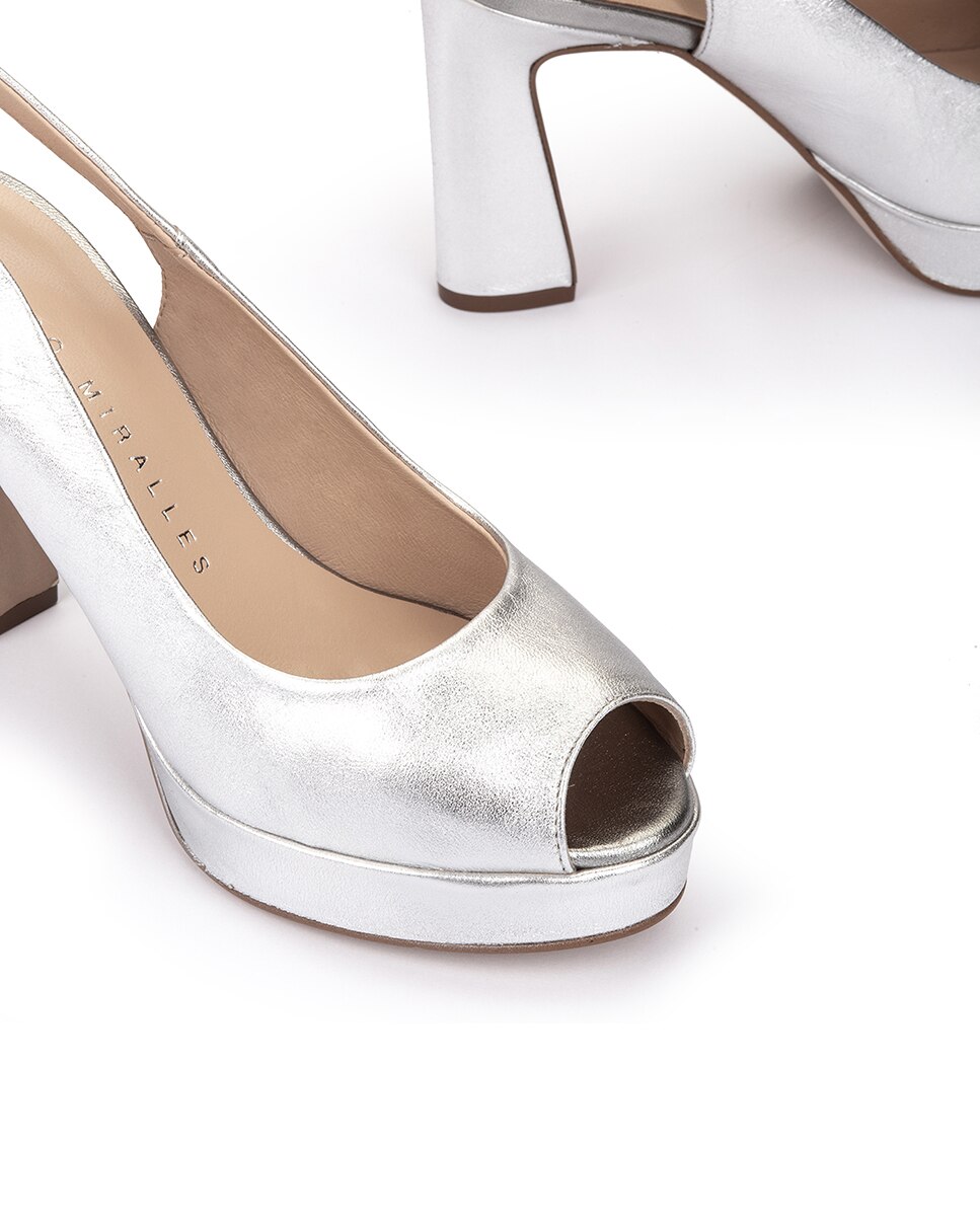 Peep Toes de Pele com o Calcanhar Aberto e Plataforma em Platino Prata-4
