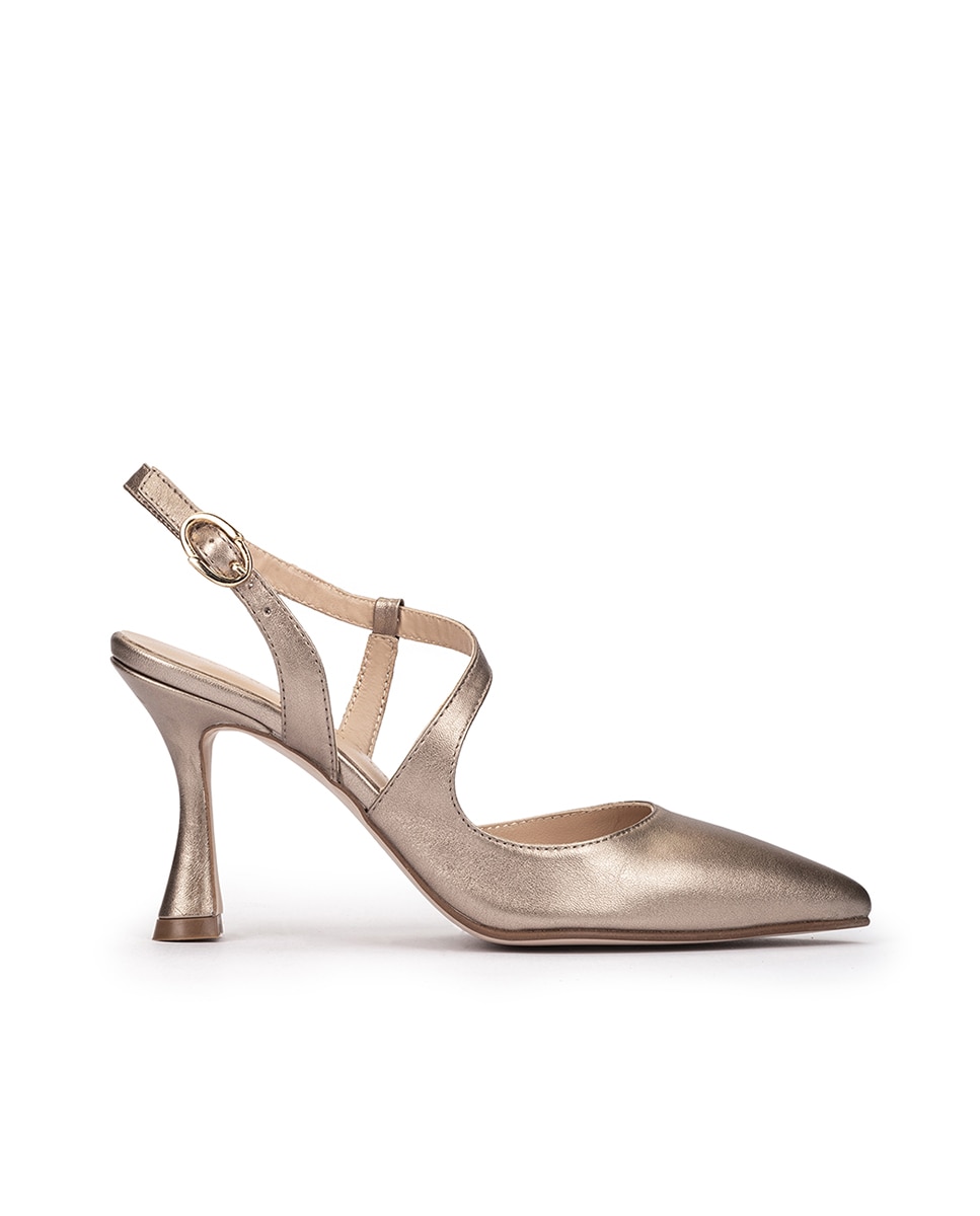 Sapatos de Salto com o Calcanhar Aberto com Fivela e Biqueira Pontiaguda Dourado-1