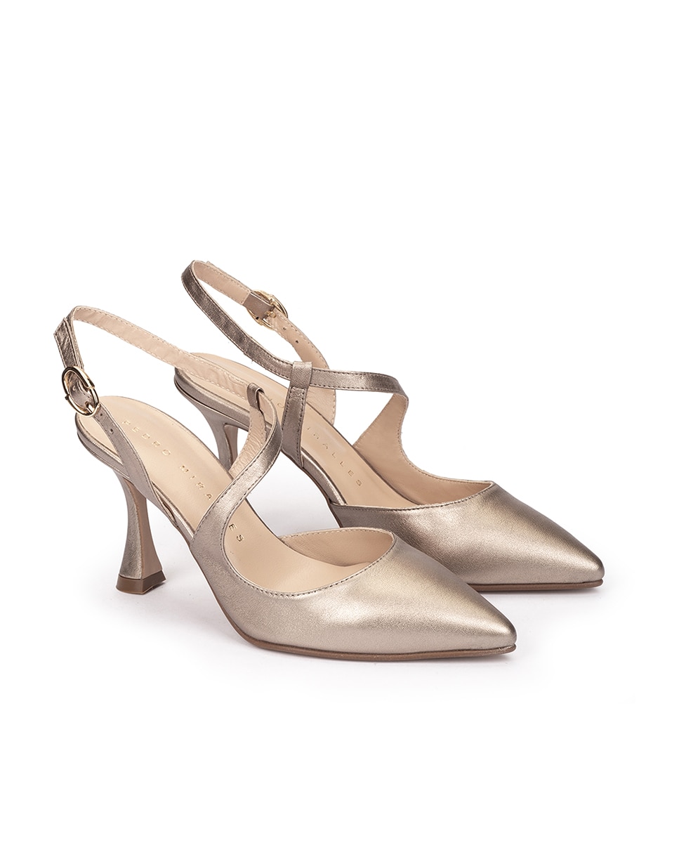 Sapatos de Salto com o Calcanhar Aberto com Fivela e Biqueira Pontiaguda Dourado-2