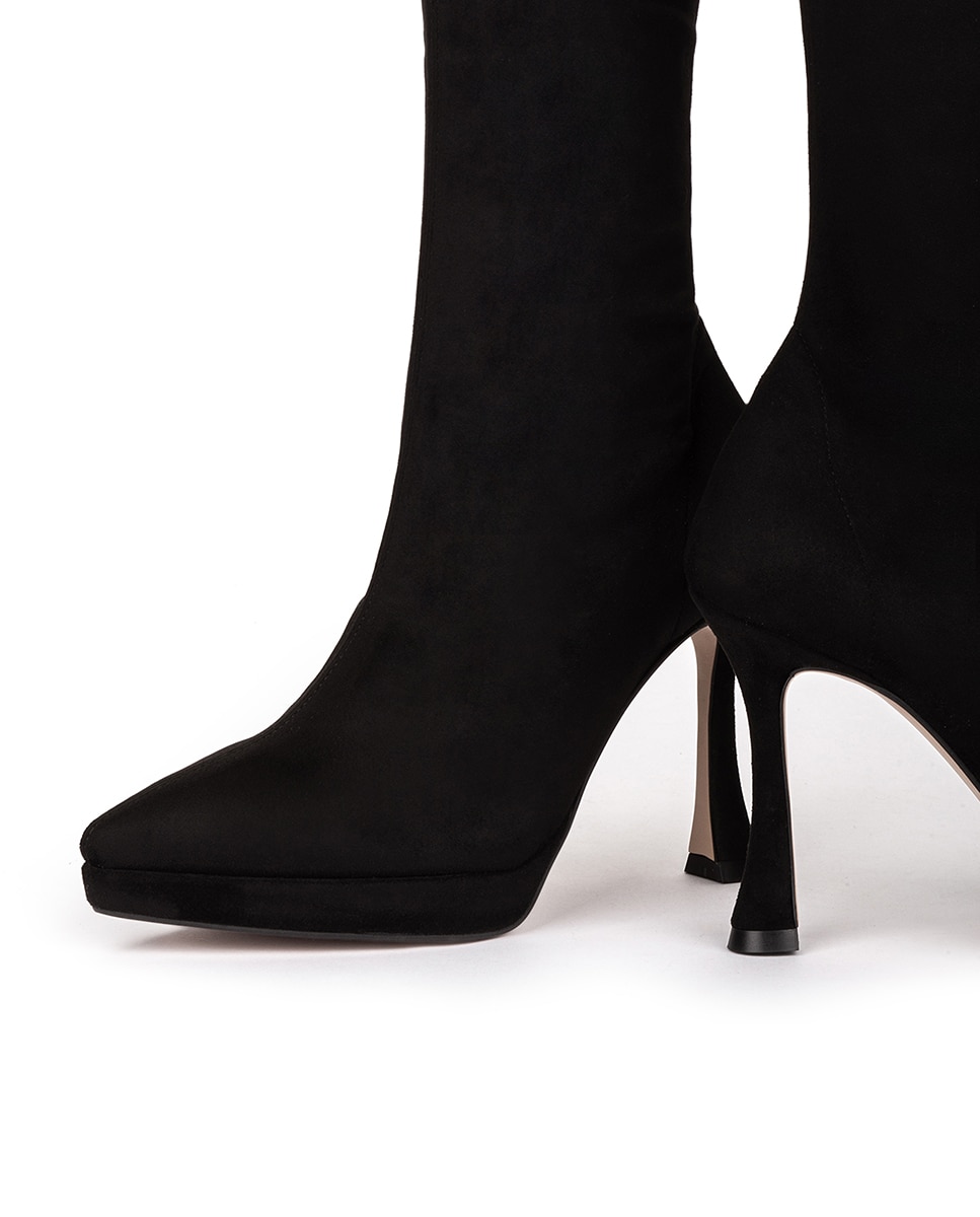 Botas Altas de Salto em Tecido Elástico Efeito Camurça Preto-4