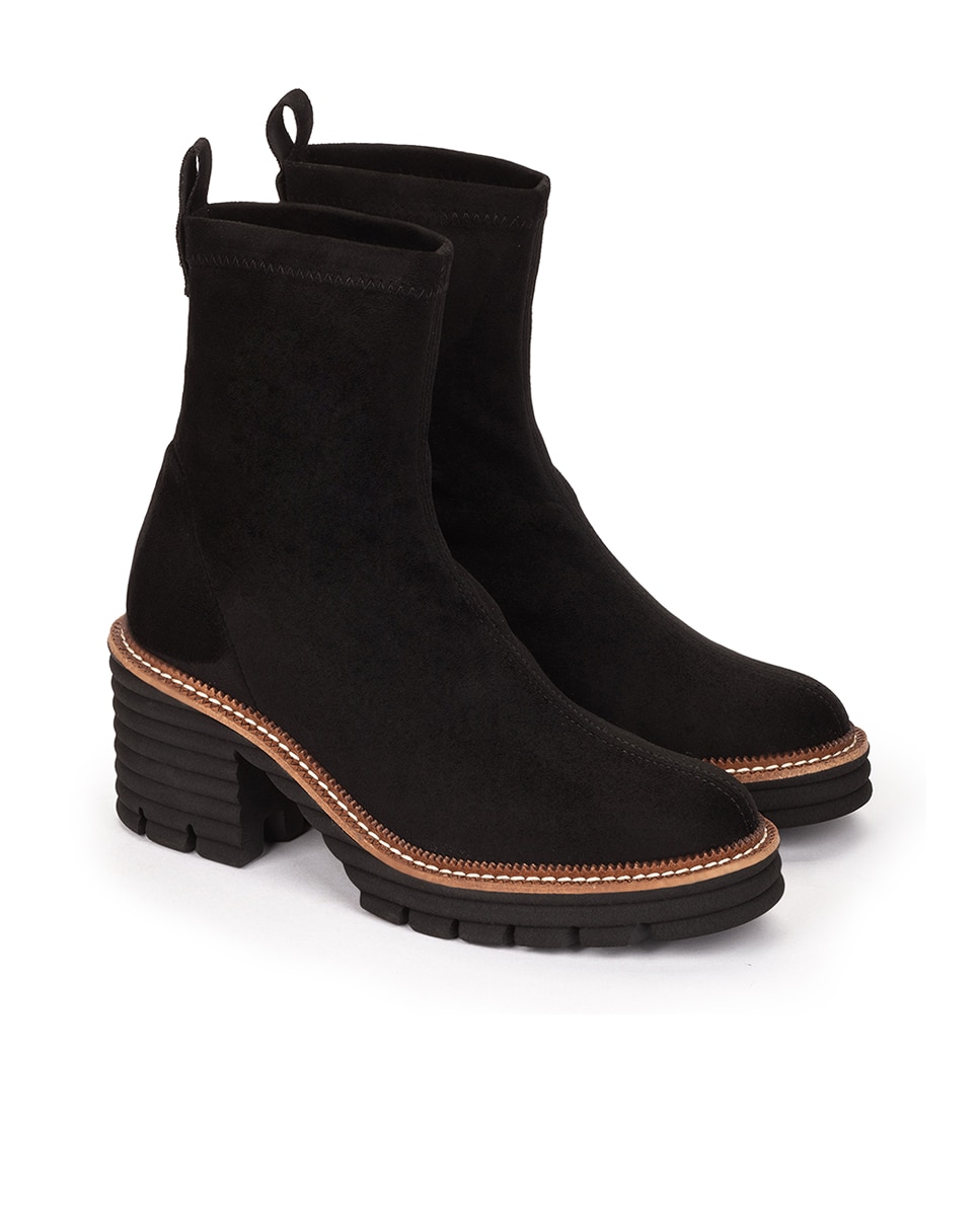 Botins de Tecido Elástico com Salto e Plataforma Preto-2