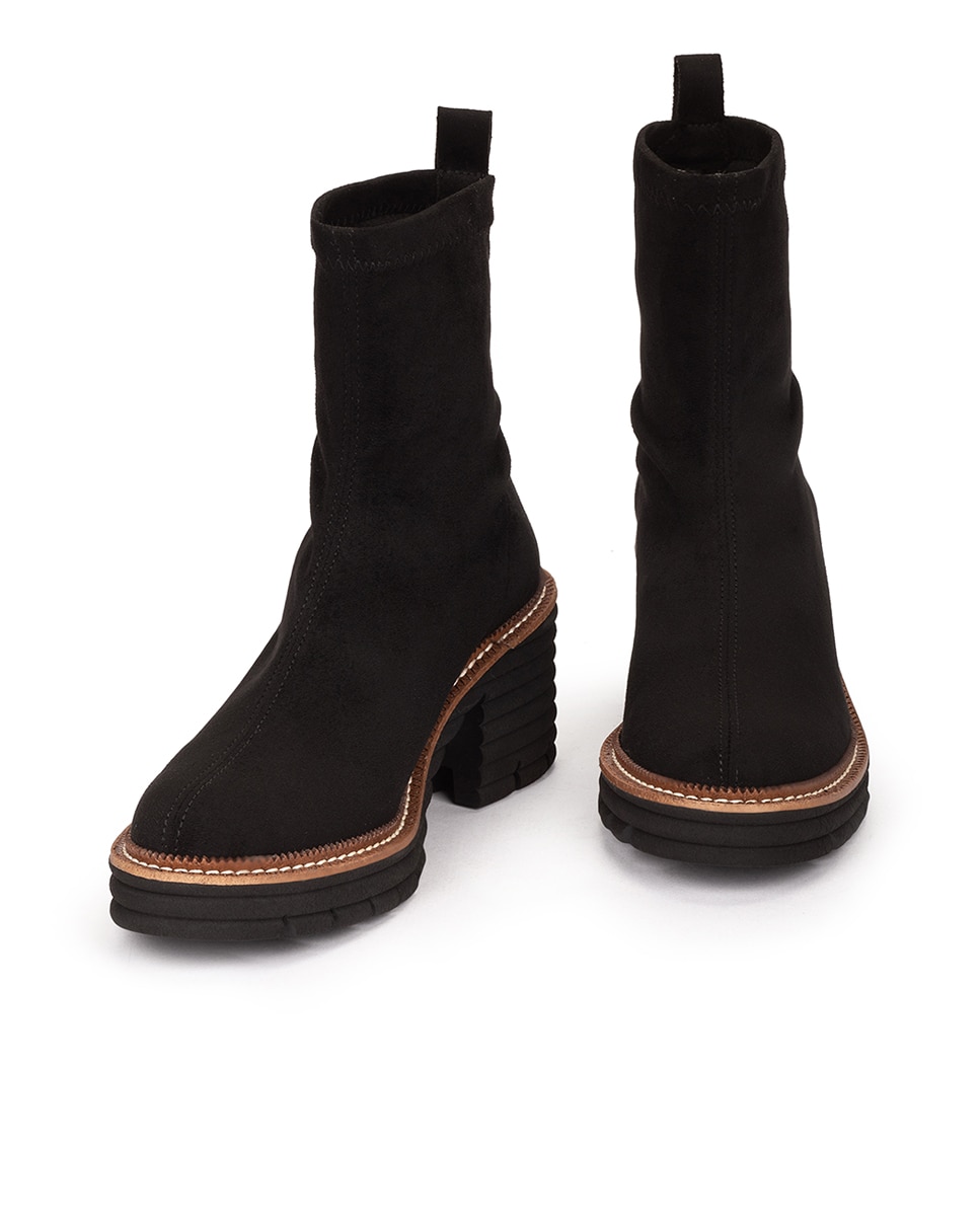Botins de Tecido Elástico com Salto e Plataforma Preto-3
