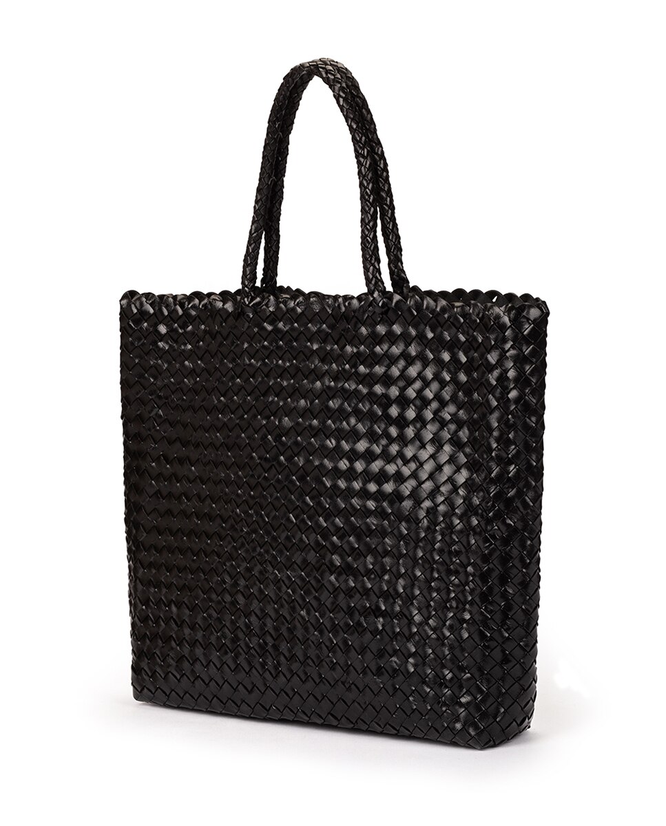 Mala de Ombro Estilo Shopper de Pele Entrançada Preto-3