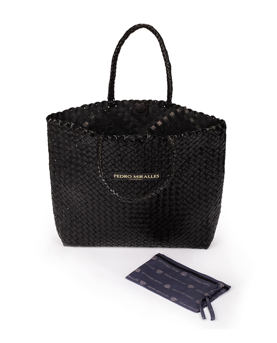 Mala de Ombro Estilo Shopper de Pele Entrançada Preto-4