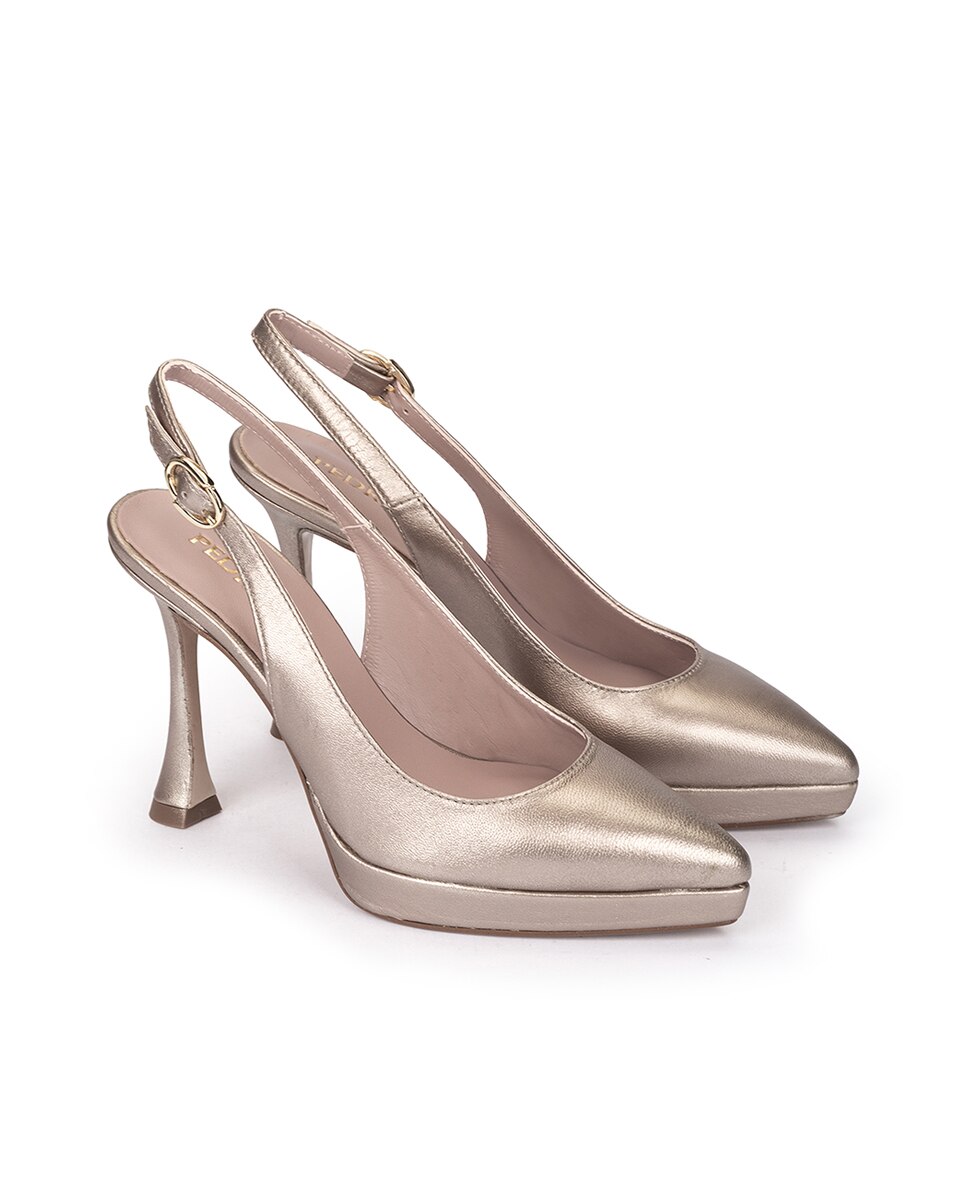 Sapatos de Salto com o Calcanhar Aberto e Fecho de Fivela Dourado-2