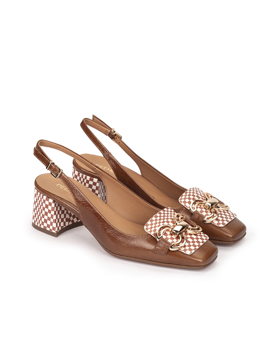 Sapatos de Salto com o Calcanhar Aberto e Fivela com Estampado Aos Quadrados Castanho-2