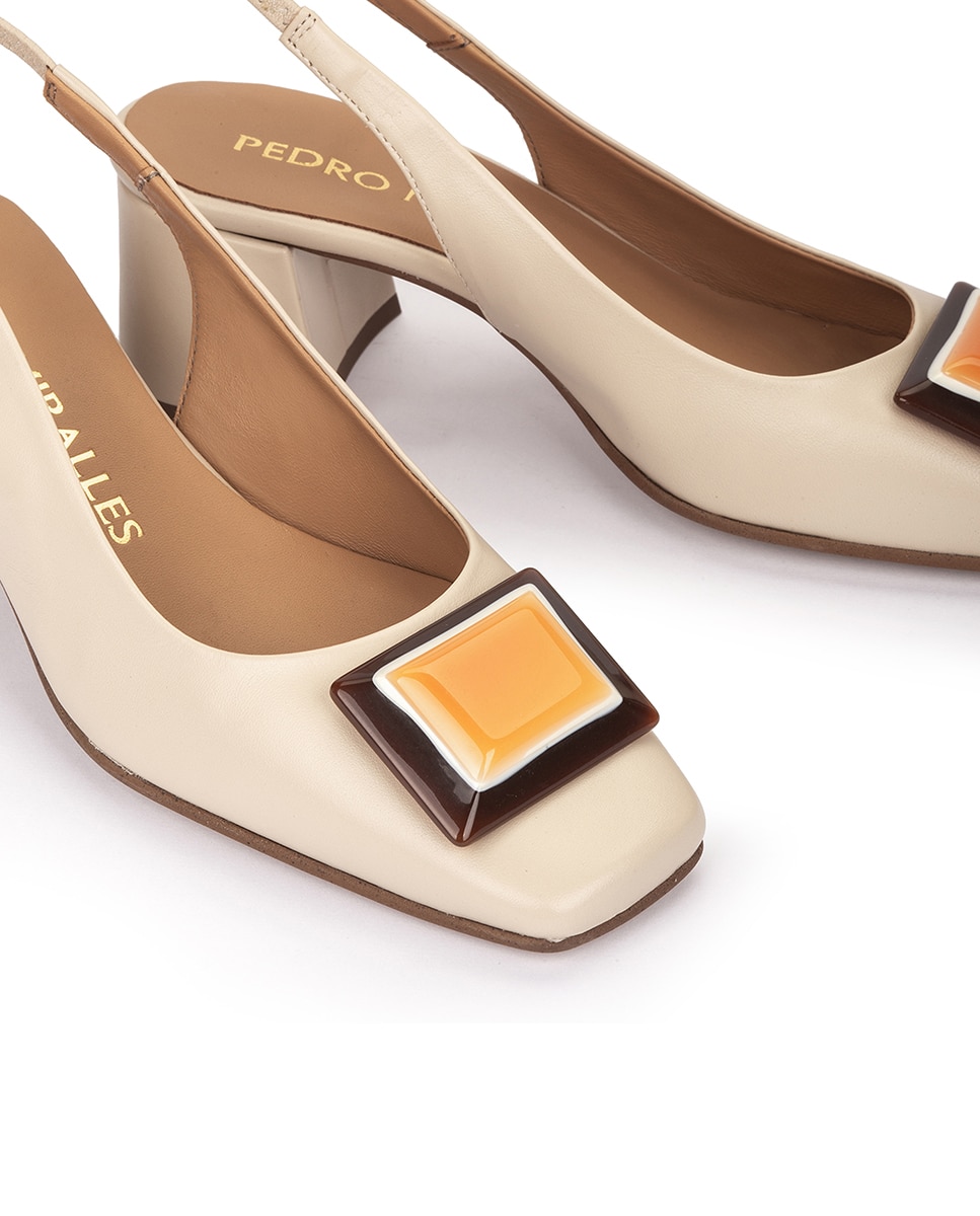 Sapatos de Salto com Adorno e Elástico Posterior Bege-4