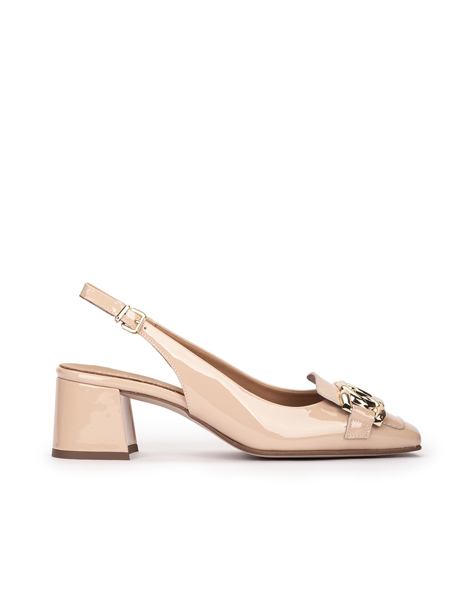Sapatos de Salto com o Calcanhar Aberto e Adorno Sobre a Pala Bege-1