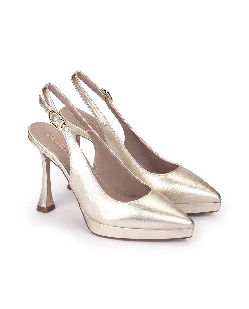 Sapatos de Salto com o Calcanhar Aberto e Fecho de Fivela Dourado-2