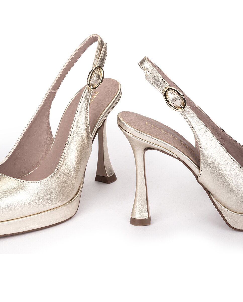 Sapatos de Salto com o Calcanhar Aberto e Fecho de Fivela Dourado-4