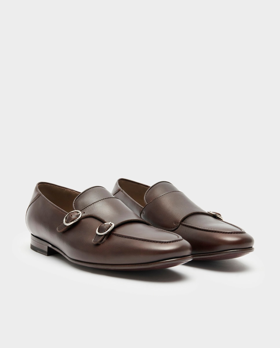 Sapatos Monk de Pele Castanho-3