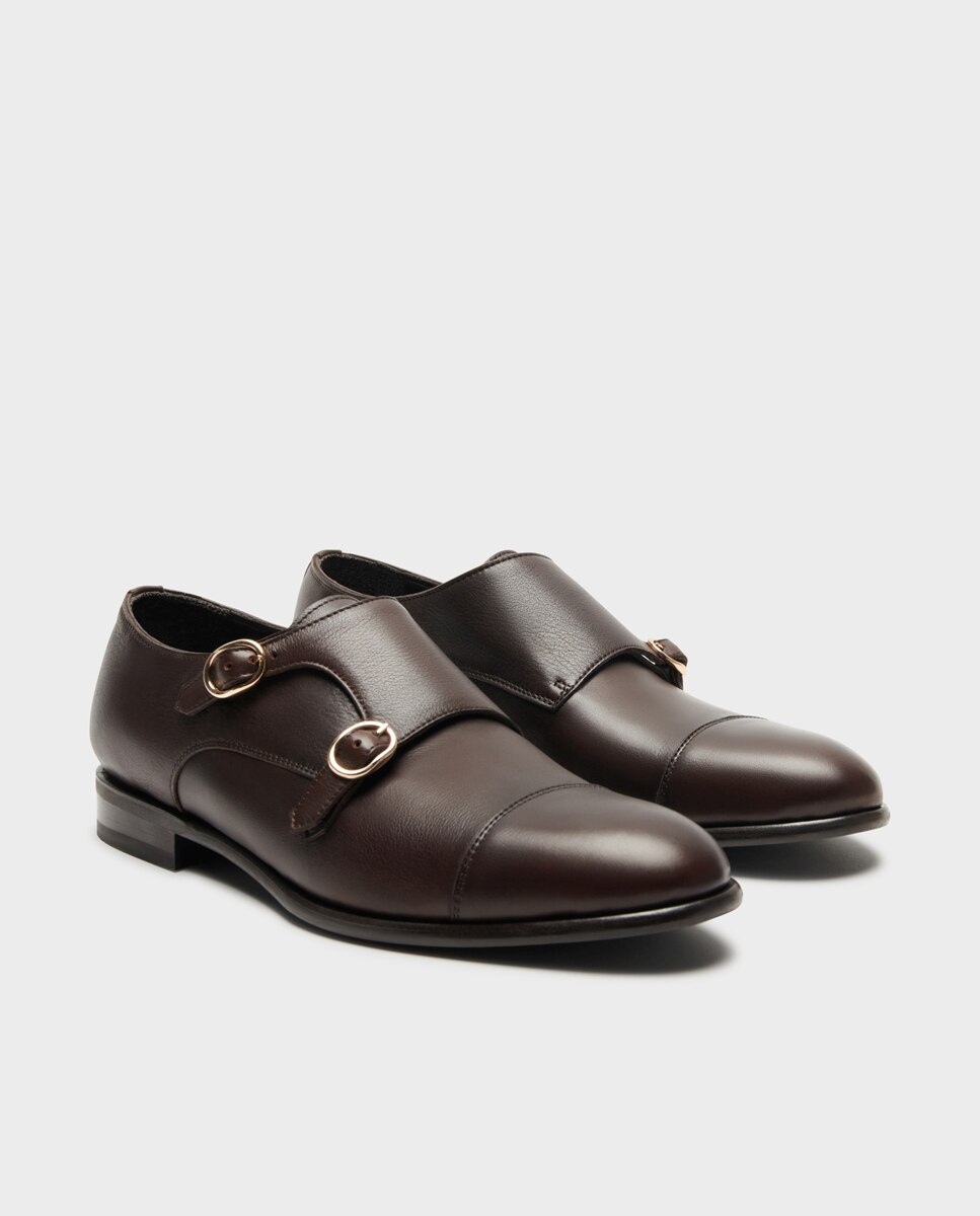 Sapatos Monk de Pele com Largura Especial Castanho-2