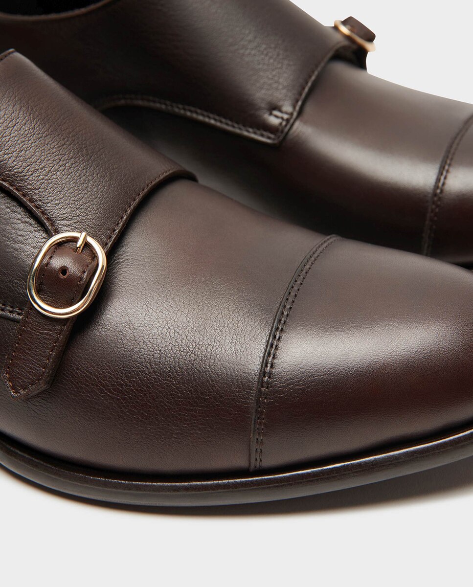 Sapatos Monk de Pele com Largura Especial Castanho-3