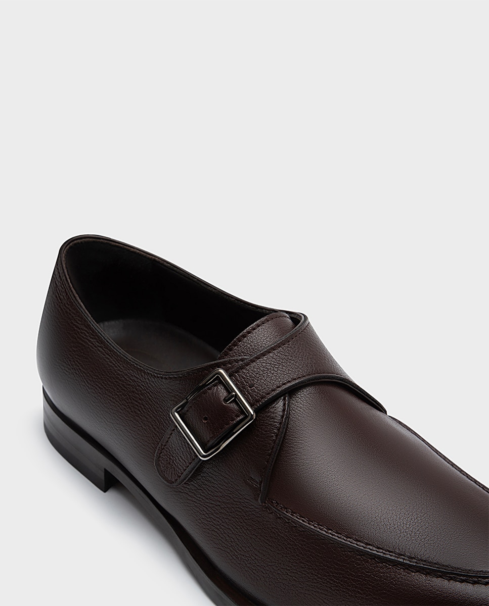 Sapatos Monk de Pele com Fivela Largura Especial Castanho-4