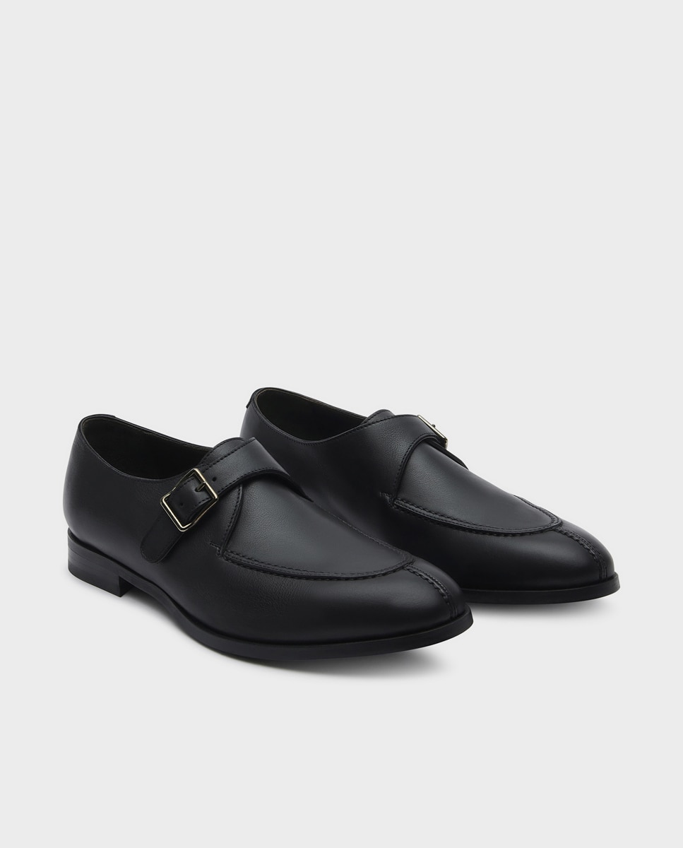 Sapatos Monk de Pele com Fivela Largura Especial Preto-2
