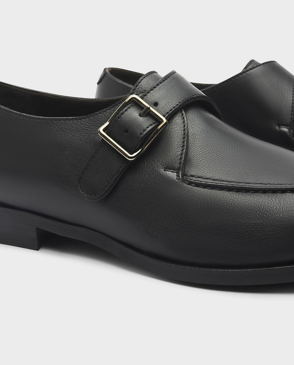 Sapatos Monk de Pele com Fivela Largura Especial Preto-3