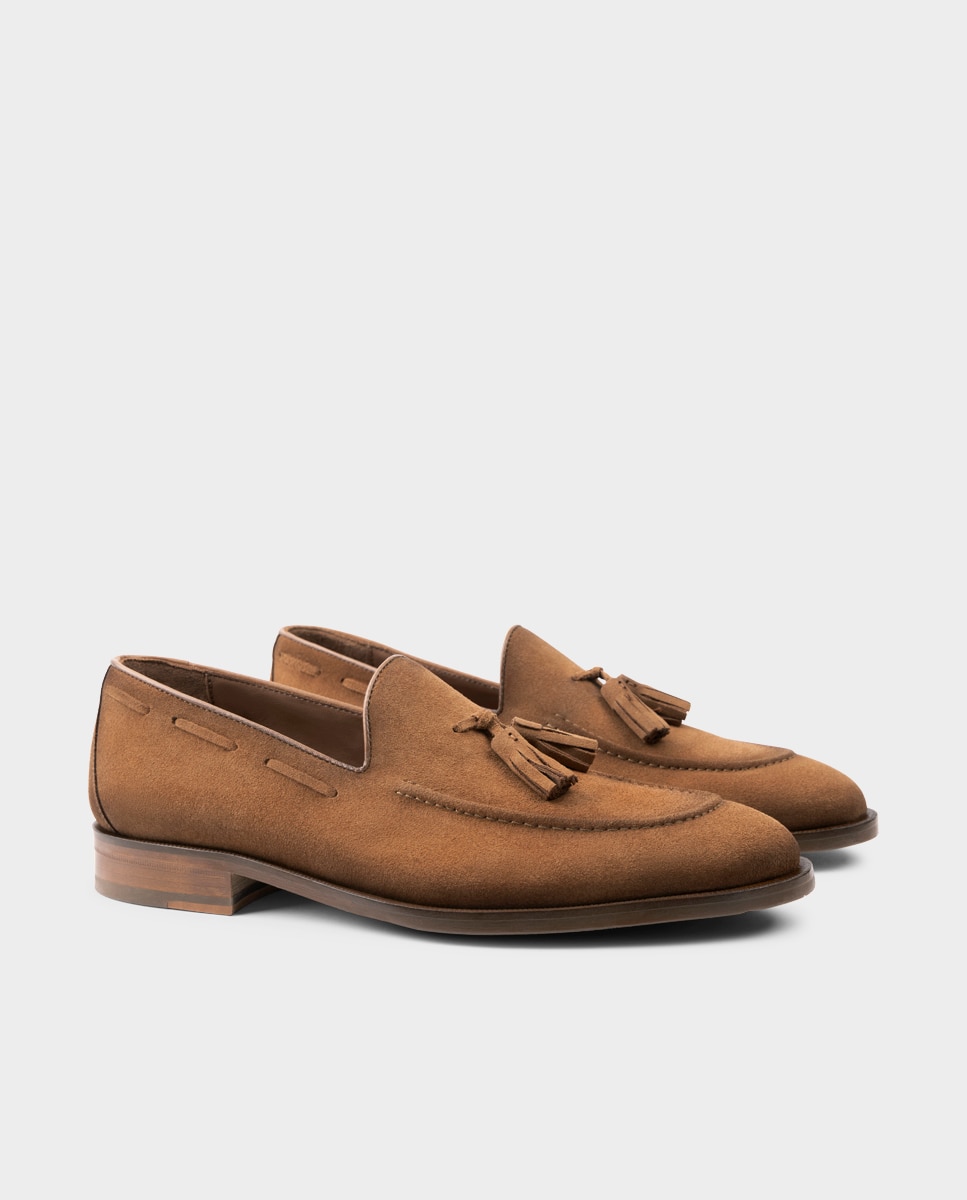 Mocassins de Pele com Pompom Largura Especial Castanho-2